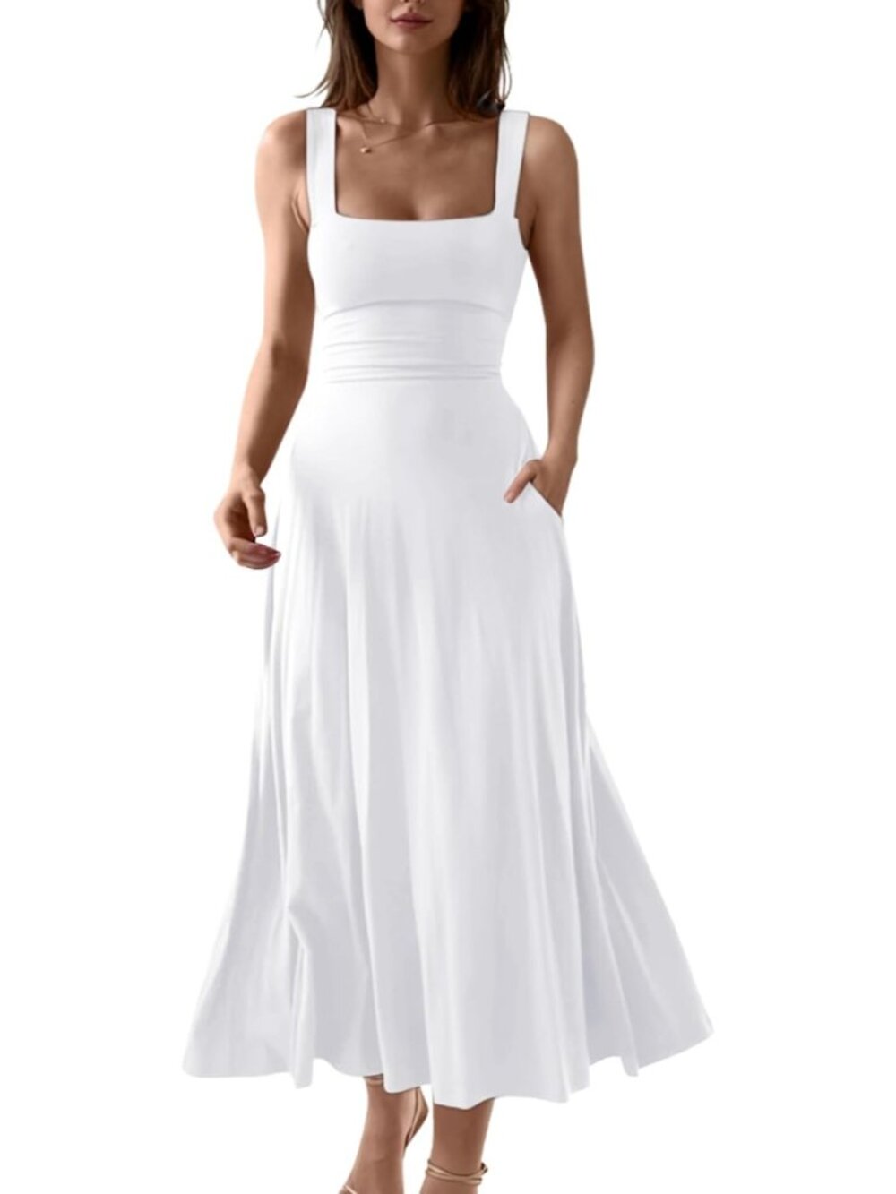 〽️Women WhitenSquare Neck Side Pocket Sleeveless Wedding Guest Party Maxi Dress